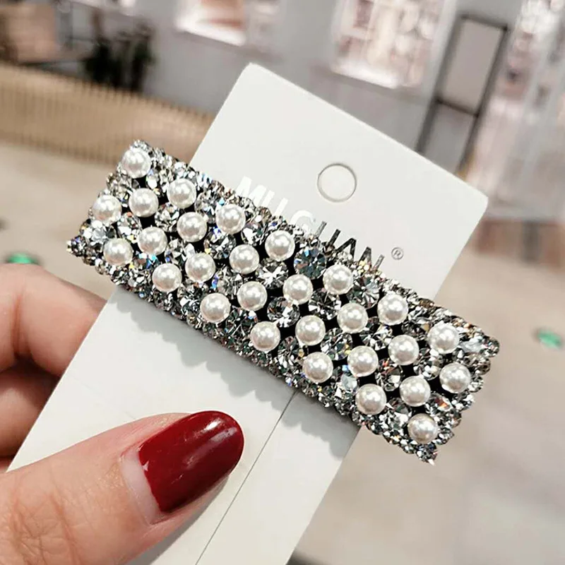 Fashion pearl rhinestone bling bling hair pins women square triangle women luxury hair clips