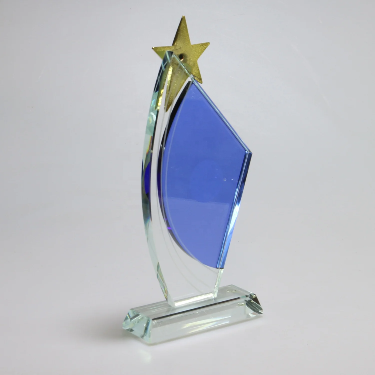 Custom Blue Sailboat Crystal Glass Trophy,Prizes Glass K9 Crystal Award Metal Star Trophies Deco Ornaments Gift with DIY Logo