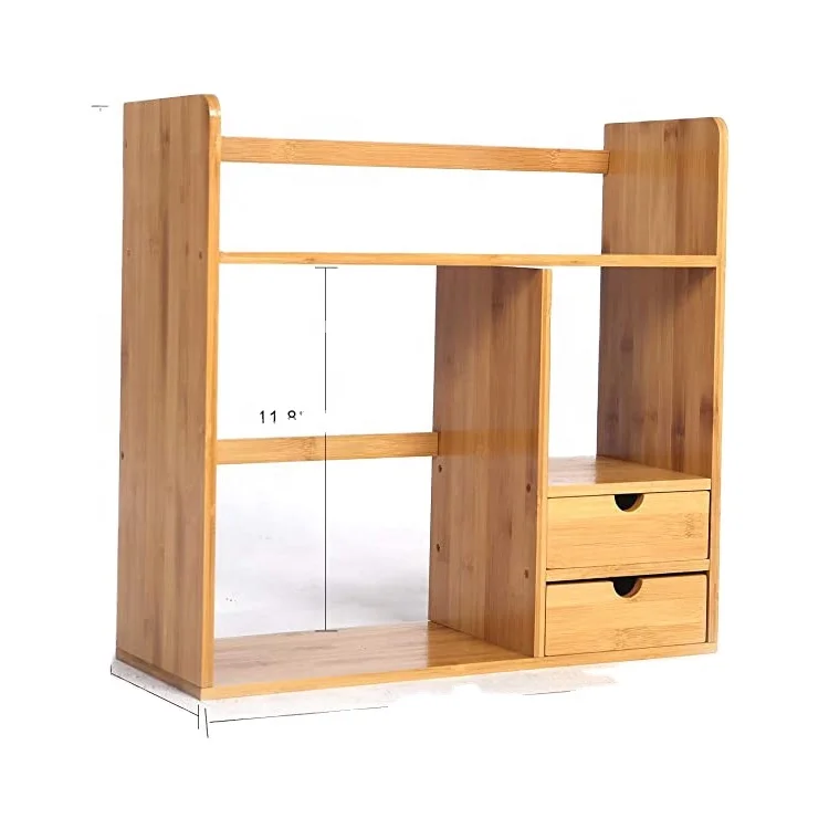 
Adjustable Bamboo Desktop Bookshelf Counter Top Bookcase Desk Storage Organizer with 2 Drawers 