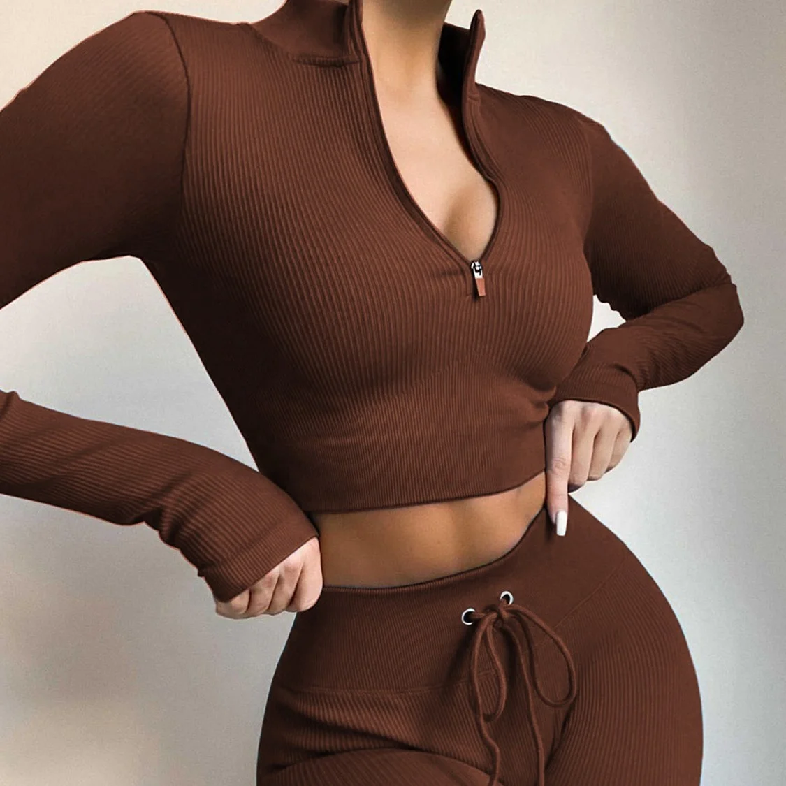 2022 Seamless Women Yoga Suit Sports Ribbed Long Sleeve Zip Front Shirt Scrunch Drawstring Legging Gym Tracksuit Workout Set