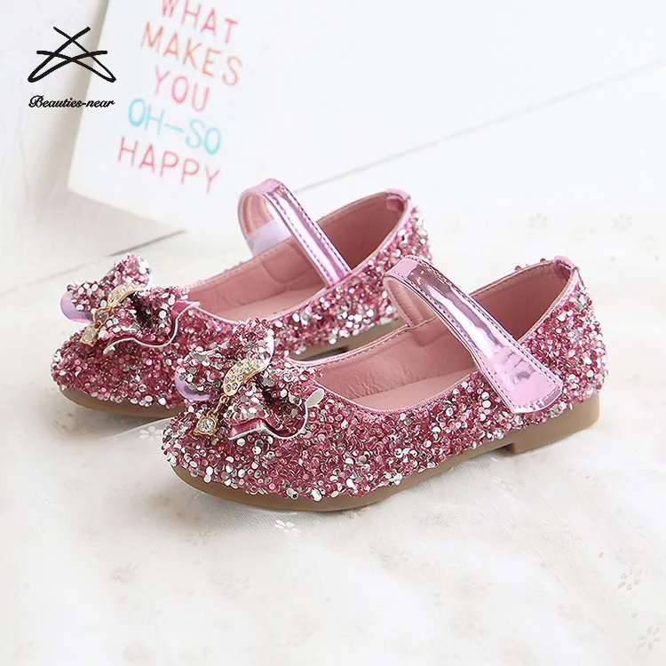 2022 Girls New Design Bling Sequins Bow Knot Buckle Strap High-heeled Kids Princess Shoes Performance Shoes Durable Shoes