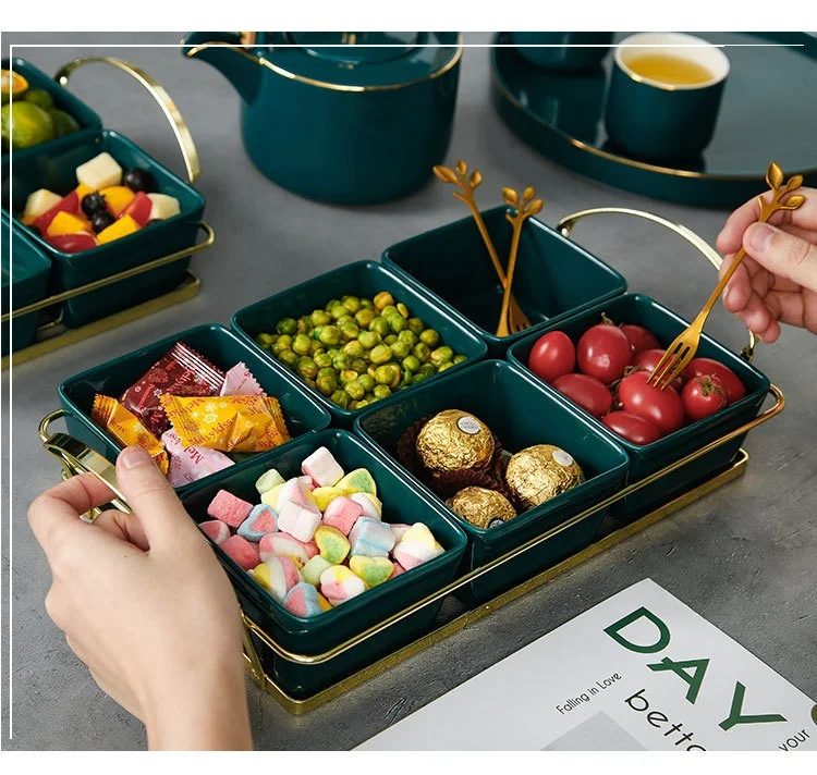 Malachite Green Ceramic six-grid dry fruit plate sub-grid with Iron Rack Living Room Candy Melon Seeds Three Grid Plate Snack su