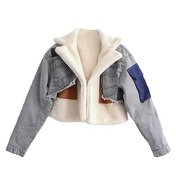 Women Short Denim Jeans Faux Shearling Fur Lined Parkas Lamb Fur Suede Collar Denim Winter Jacket Coat Lady