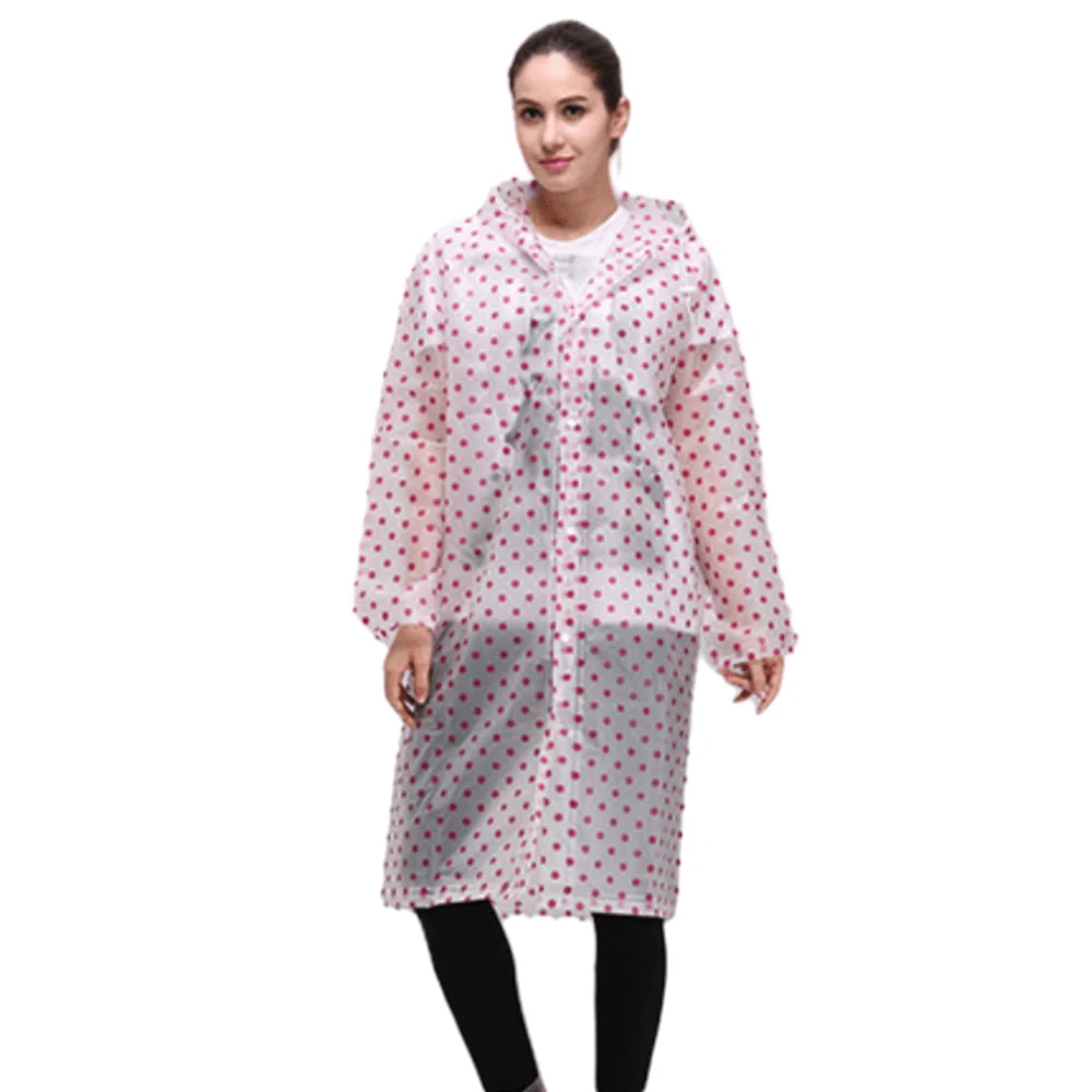 Reusable Women Rain Ponchos EVA Stylish Polka Dots Raincoat with Drawstring Hood Waterproof Rain coat