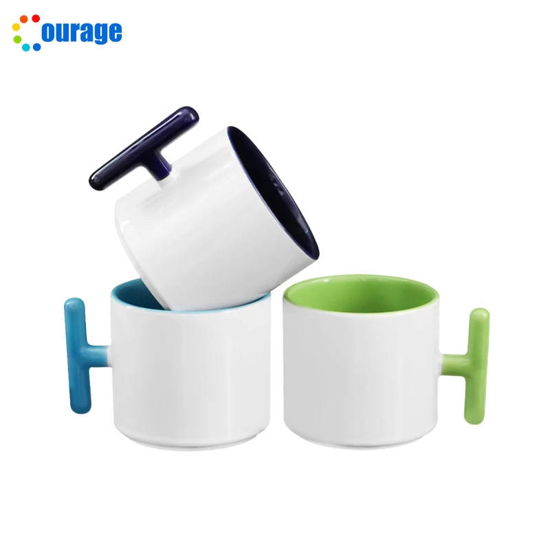 T shape handle inner color coffee mugs custom logo printed sublimation ceramic mug 8oz