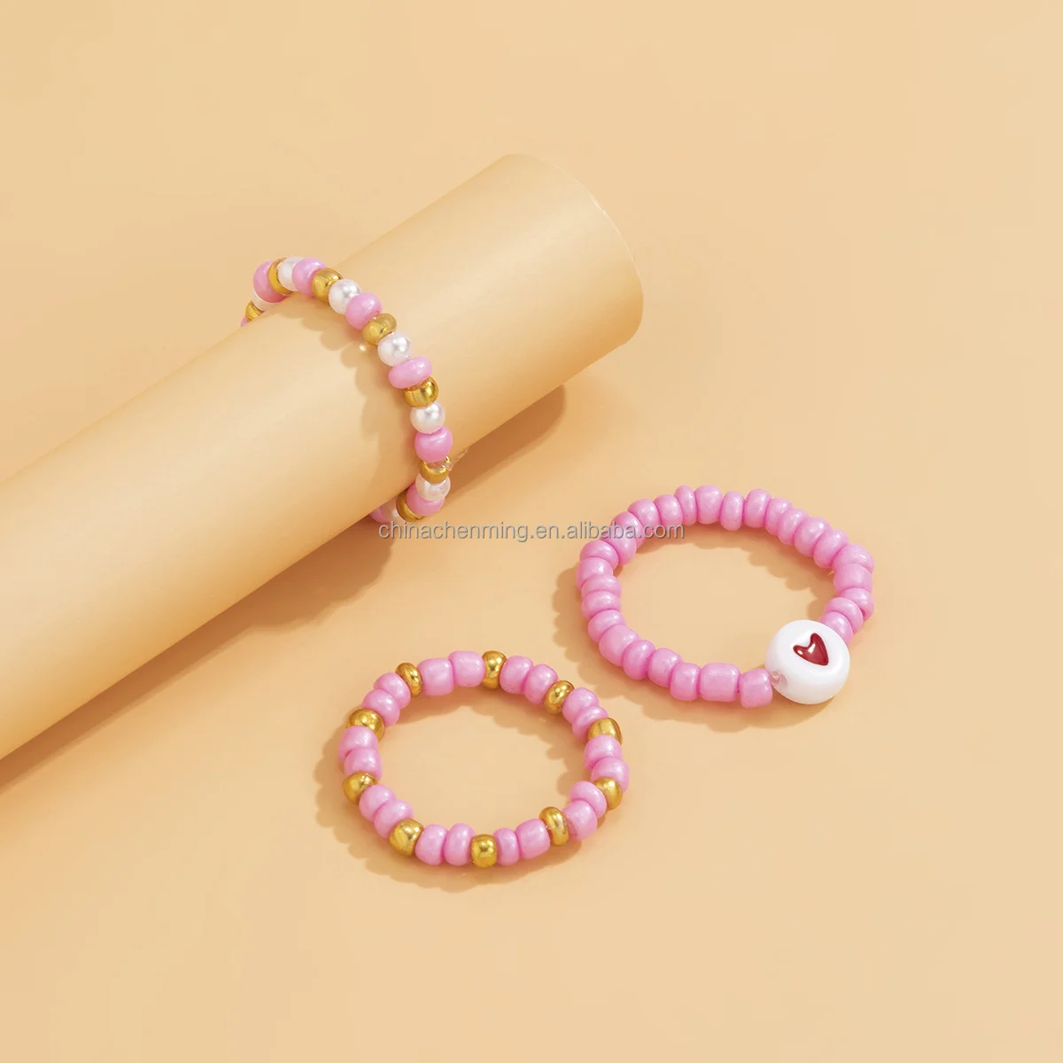 Sweet cool girl love beads ring female cross-border resort style fashion rice beads collision color woven finger ring set