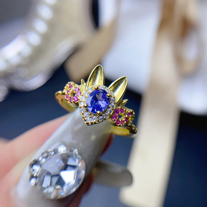 Handmade Silver Girls Jewelry Chic Design Nature Tanzanite Fox Ears Rings 925 Sterling Silver Aquamarine Animal Series Rings