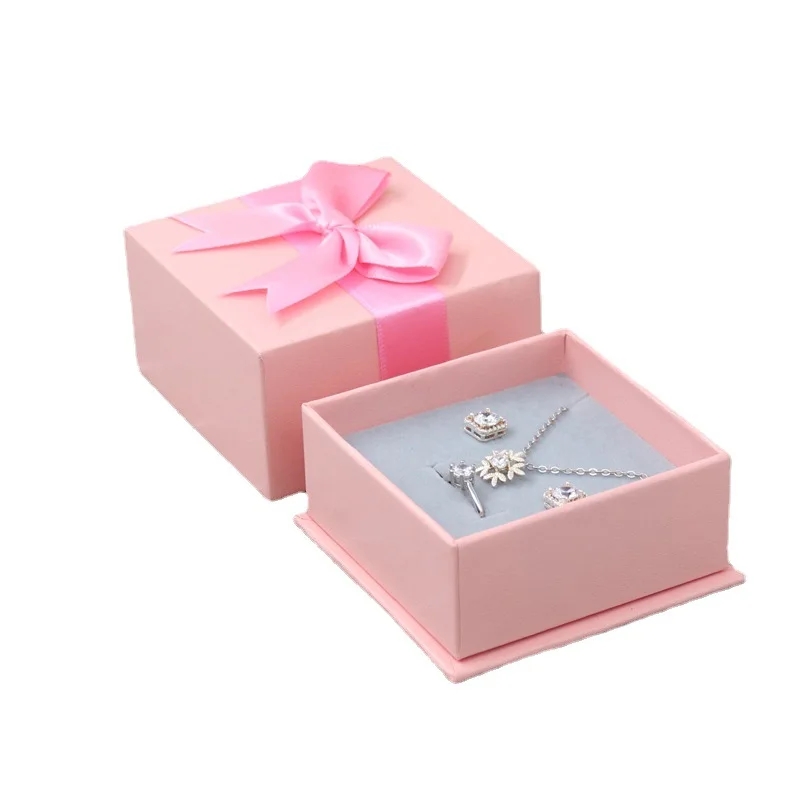 Xinfly Rectangle  Ribbon Bow Imitation Leather Paper Jewelry Gift Box Necklace Ring Earrings Paperboard Packaging Custom Logo