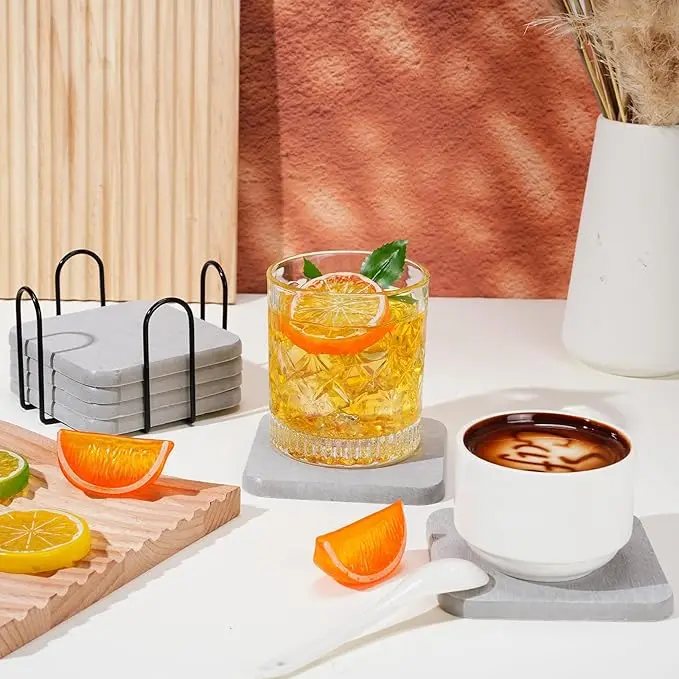 CF DCC07 Set of 6 Pcs Diatomaceous Earth Coasters Absorbent Square Diatomite with Tabletop Holder Mat/Pad for Countertop Decor