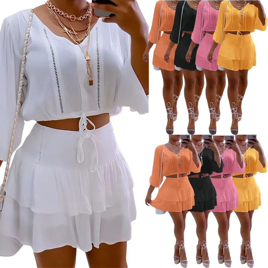 Fall And Winter 2022 Wholesale Chiffon Cute Skirt And Crop Top Set Casual V Neck Women Two Piece Mini Short Skirt Set