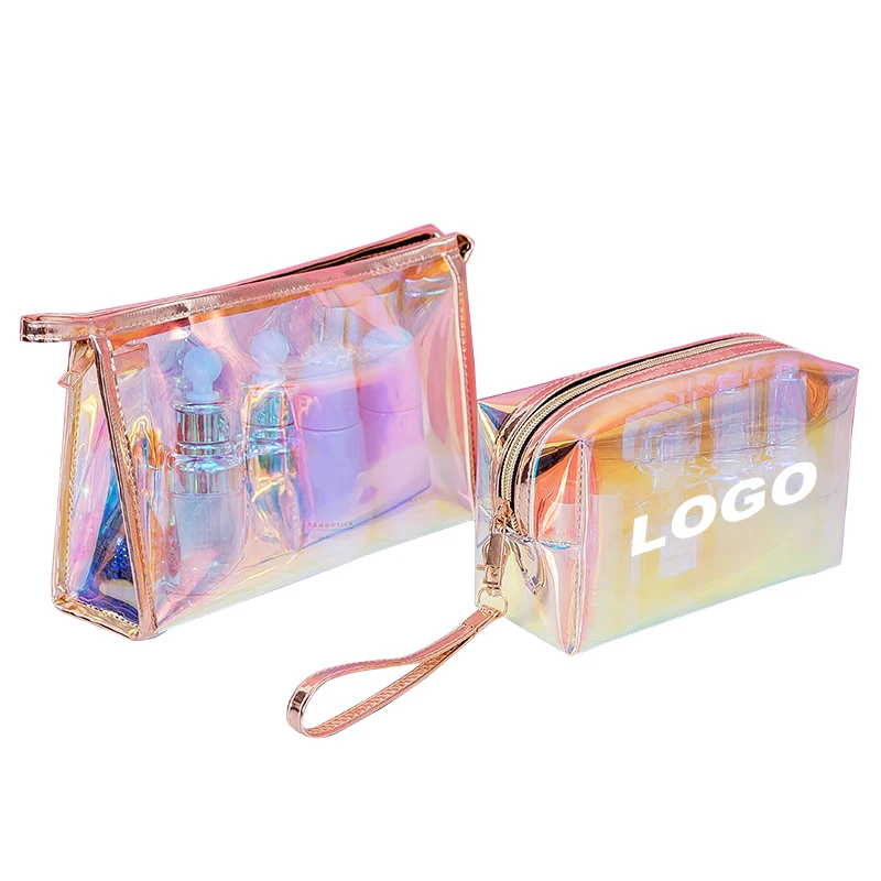 Low MOQ 50 Pcs Custom Logo New Fashion Transparent Laser Cosmetic Pouch Luxury Custom Print Clear Holographic Makeup Bag