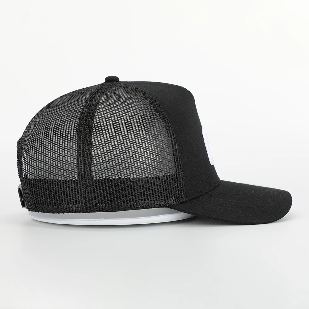 Oem Custom High Quality 5 Panel Cotton 3D Embroidery Logo Curved Brim Plain All Black Mesh Snap Back Trucker Cap Hat