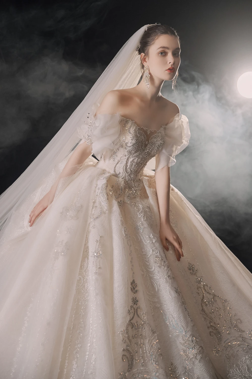 White luxury weeding dress collection 2022 sparkly tulle bow sleeves robe de mariage arab reception dress for bride