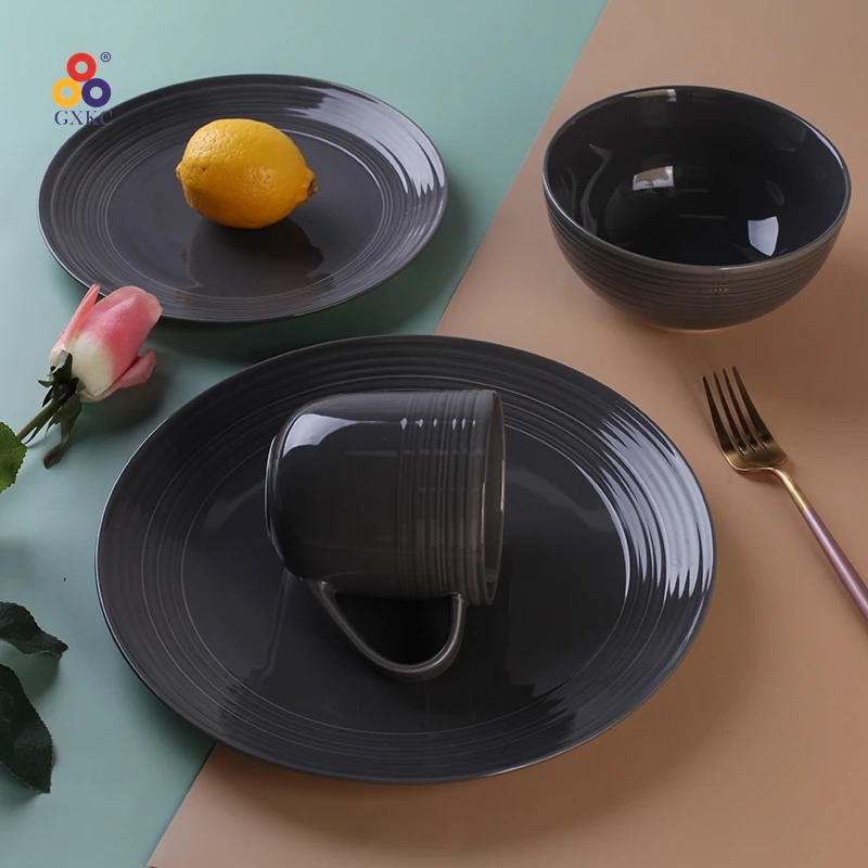 Sanhuan porcelain dinner set emboss dark grey color glaze plate dinnerware EU hot sale ceramic mug