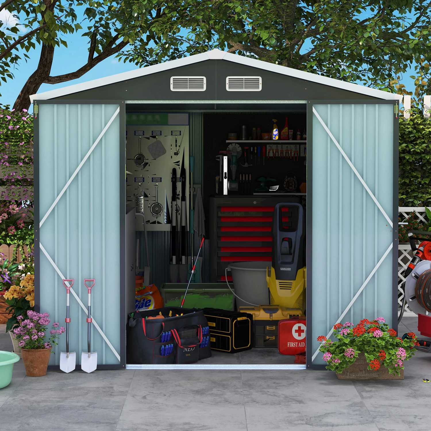 Outdoor Steel Metal Storage Shed with Floor Frame Foundation Base Kit Gray Tool Utility for Garden Backyard Lawn