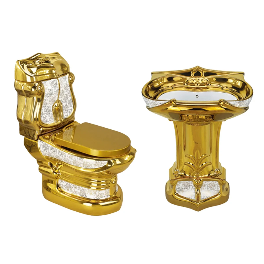 
High Quality Luxury Golden Bathroom Closestool Washdown Ceramics Sanitary Ware Wash Basin Toilet Commode Set 