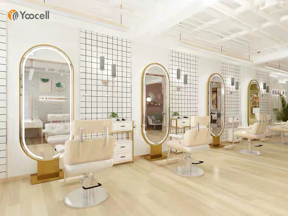 Yoocell modern salon styling mirror led light gold frame oval luxury styling station for beauty shop