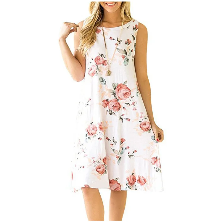 Europe and the United States sleeveless pockets bottoming shirt T shirt printed dress casual short-sleeved dresses