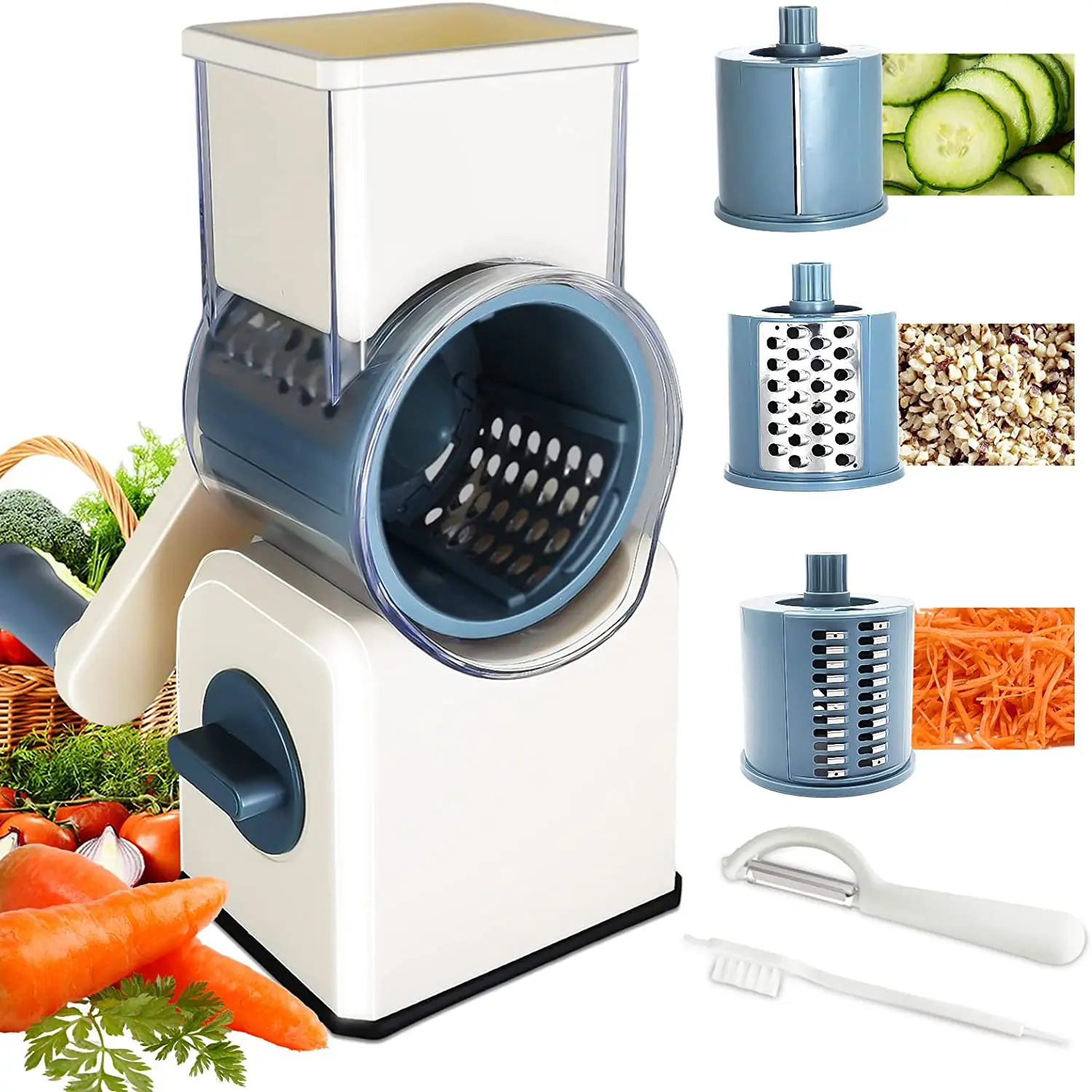 Kitchen 3 In 1 Manual Drum Rotary Cheese Grater Round Mandoline Vegetable Cutter/Slicer/Chopper Safe Food Grinder