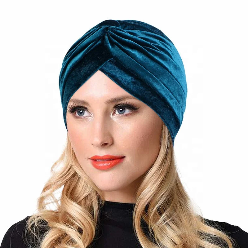 2022 Wholesale Women Velvet Turban Hat Custom Wrinkled Indian Hat Female Soft Bandana Head wrap Turbans