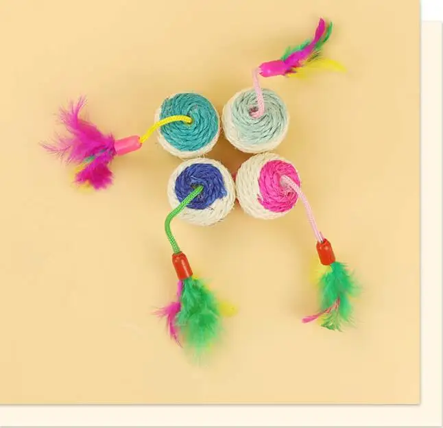 Pet Grinding Claws Toys Cat Interactive Toys Sisal Ball with Feather Tail Sisal Feather Tail Cat Chewing Toy
