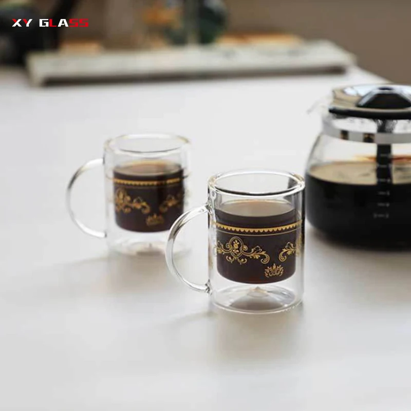 custom golden logo handmade double wall thermo glass coffee beverage tea mug