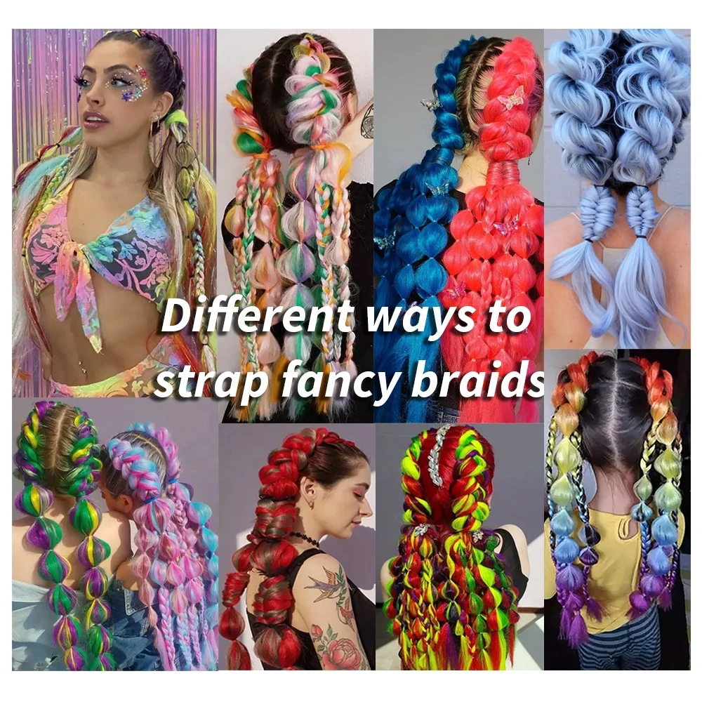 Shinein 24in Unicorn Color Synthetic Braided Ponytails Handmade Ombre Braid Ponytail Hair Extension for Women Cosplay