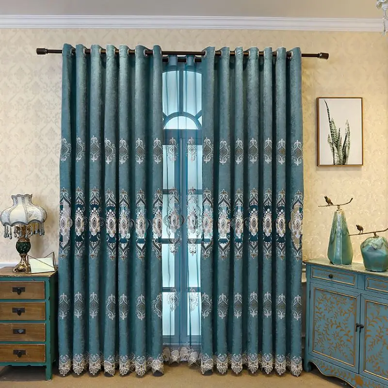 Living Room Home Villa Blue Turkish Luxury Embroidered Curtains For Window