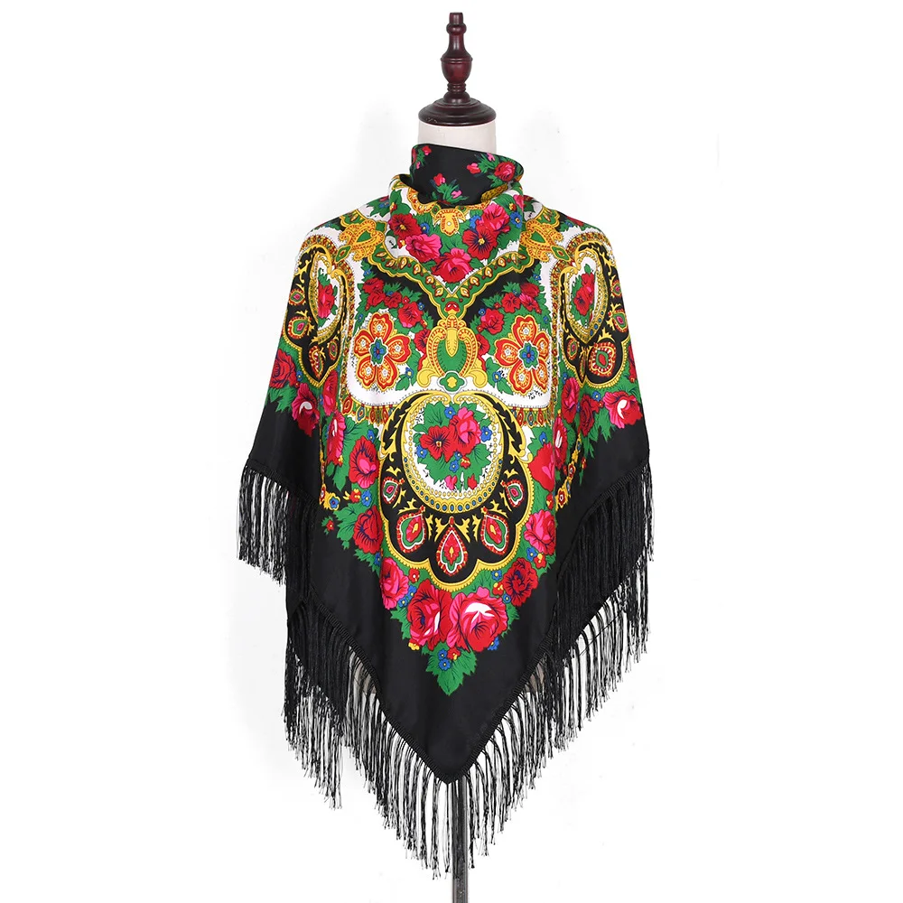 GEERDENG New Arrival Soft Polyester Muffler Square Bandana with Tassel Fringes Ethic Warm Wrap Shawl Stole Russian Flower Scarf