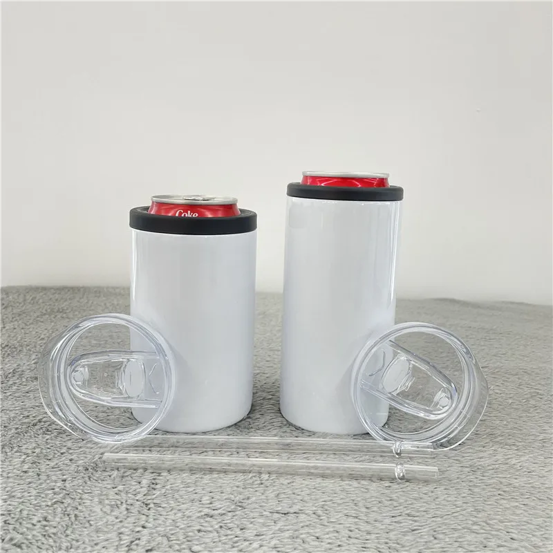 Склад в США 12oz пустая сублимационная белый DIY тонкие прямые обтягивающие может охладитель стакан с двумя крышками Двойной Два универсальная функция