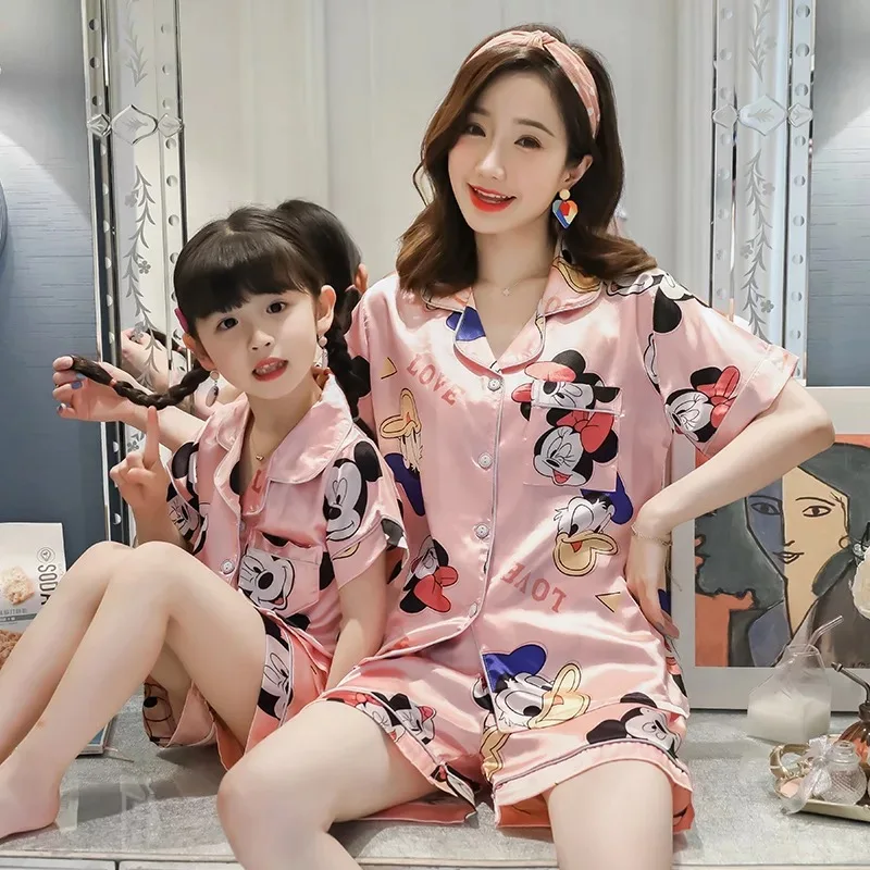 Летняя Детская Пижама, детский Шелковый Пижамный комплект для мальчиков и девочек, костюм для отцов для взрослых, атласная пижама, пижамный комплект с коротким рукавом