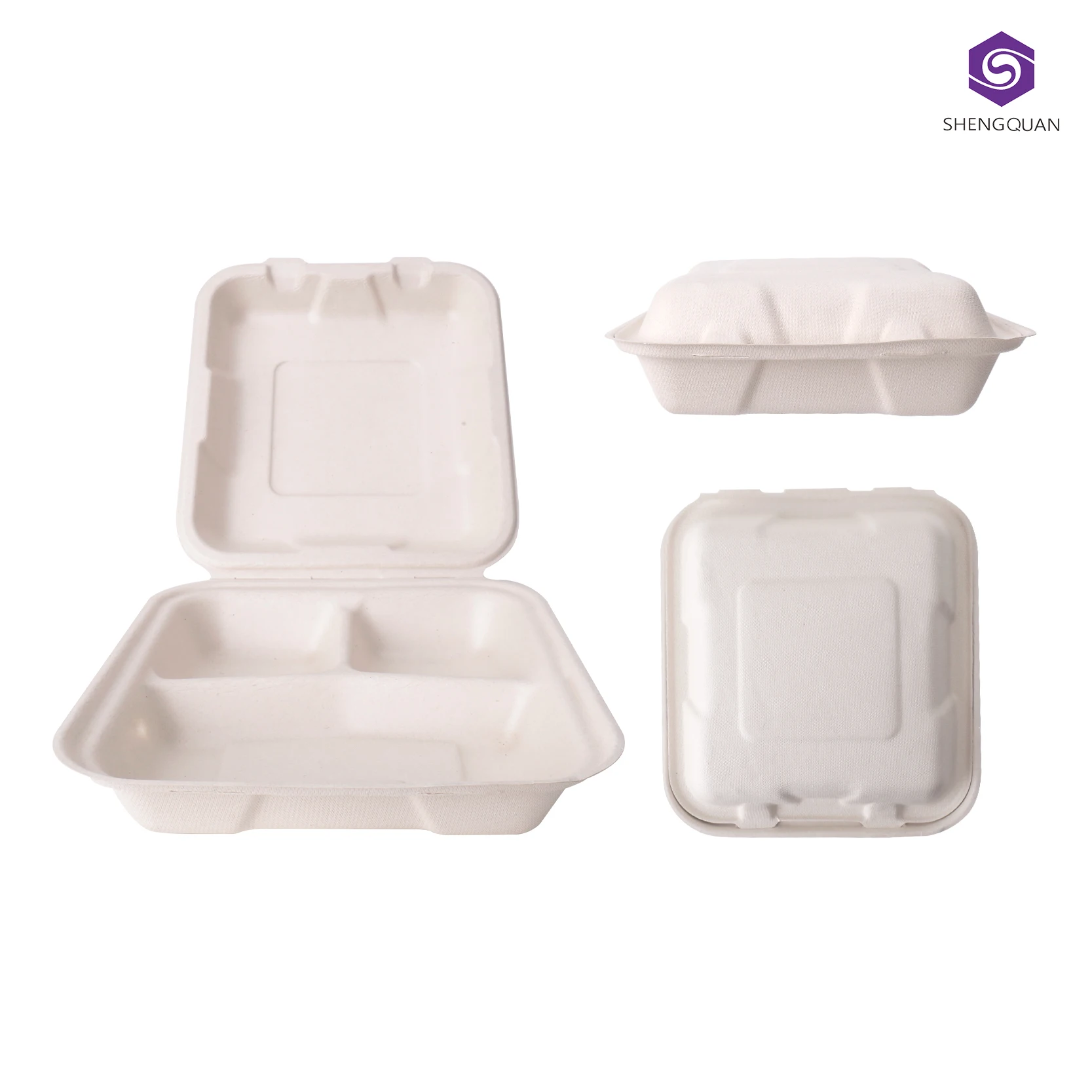 Sugarcane Bagasse Food Container 9 Inch Clamshell Food Box 3 comparts