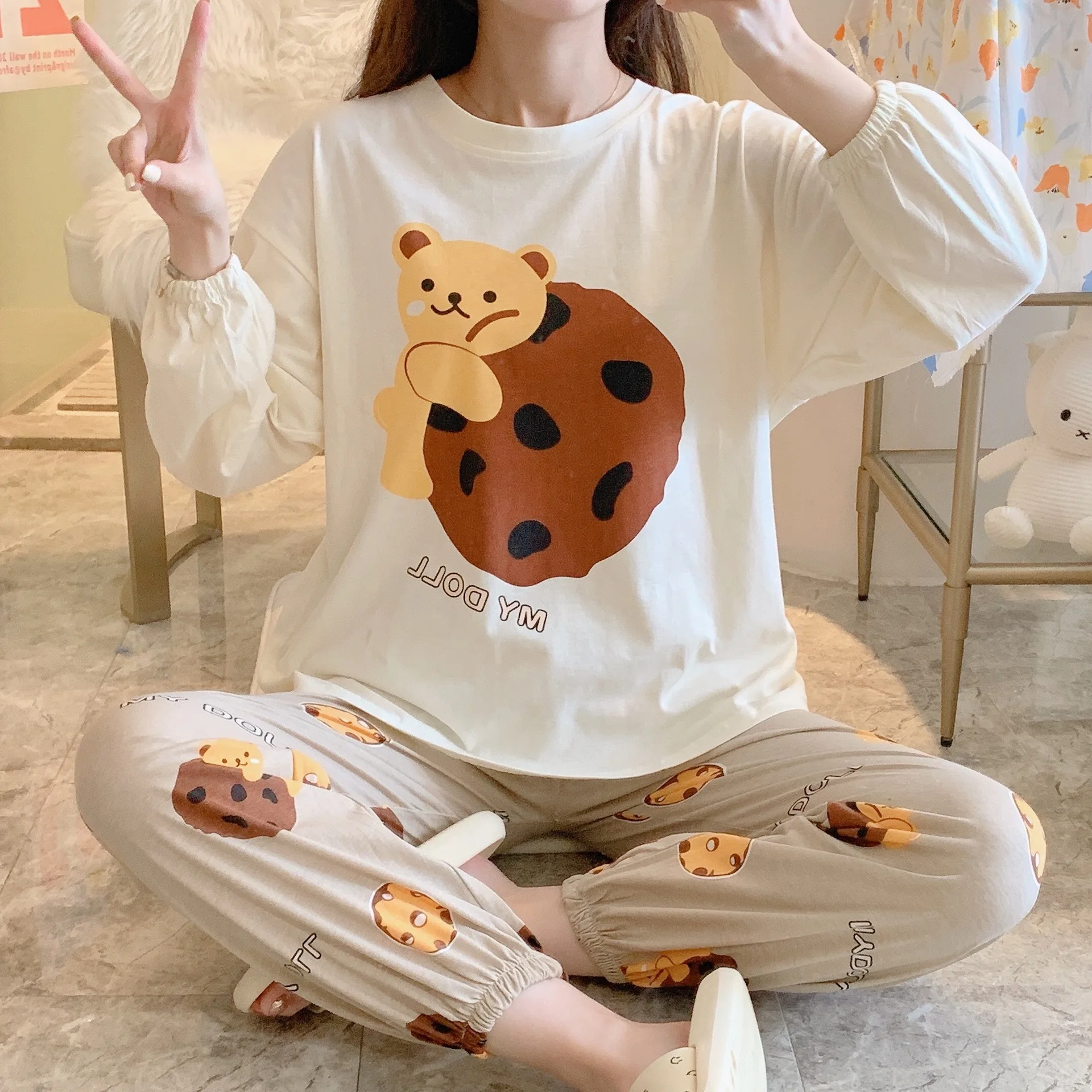 Spring Summer Long Sleeve Women Pajamas Sets Thin Print Cute Sleepwear Big Girl Pijamas Mujer Leisure Student Pajama