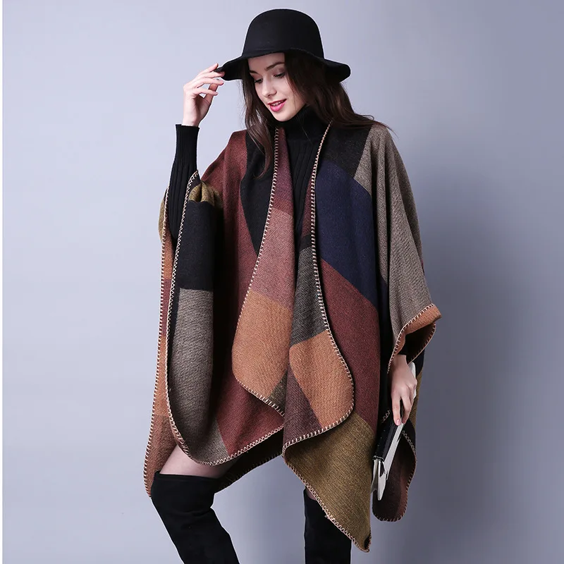 Plaid Ladies Shawl Imiitation Cashmere European American Folk Style Split Thick Poncho