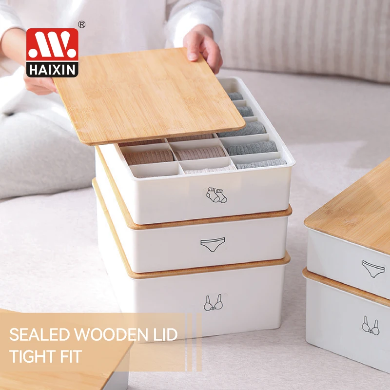 Haixing plastic socks organizer underwear storage box with bamboo cover  compartment storage boxes for clothes