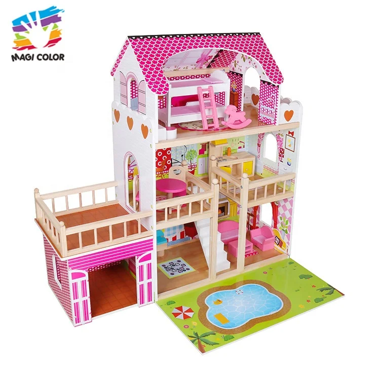 
OEM/ODM girls wooden large dolls house with furniture W06A355C 