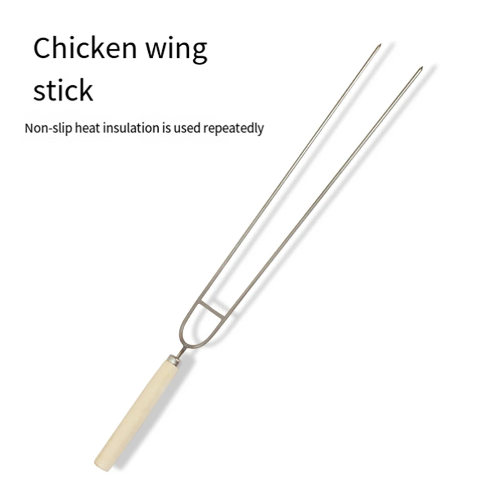 Wholesale Wooden Handle U Shaped Grill Fork chicken Wing Fork Wooden Handle stainless Steel Roasting Sticks Chicken Wings Fork