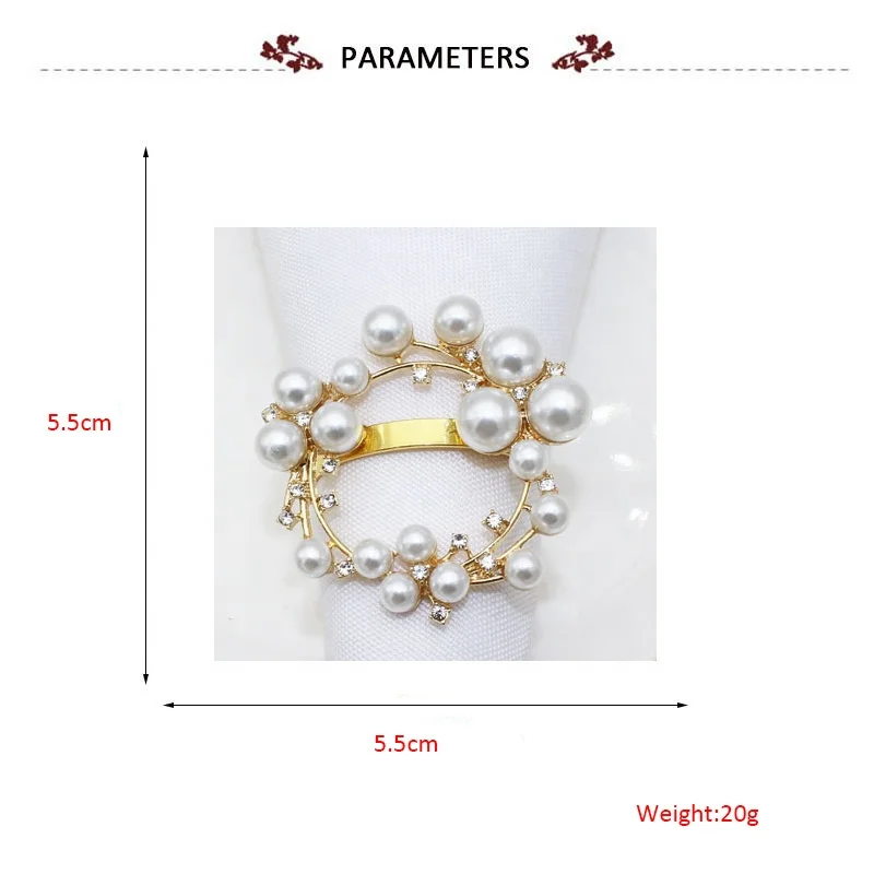 Newest Gold Wreath Napkin Rings Metal Rhinestone Pearl Napkin Ring Holder Flower Napkin Rings Weddings HWP45