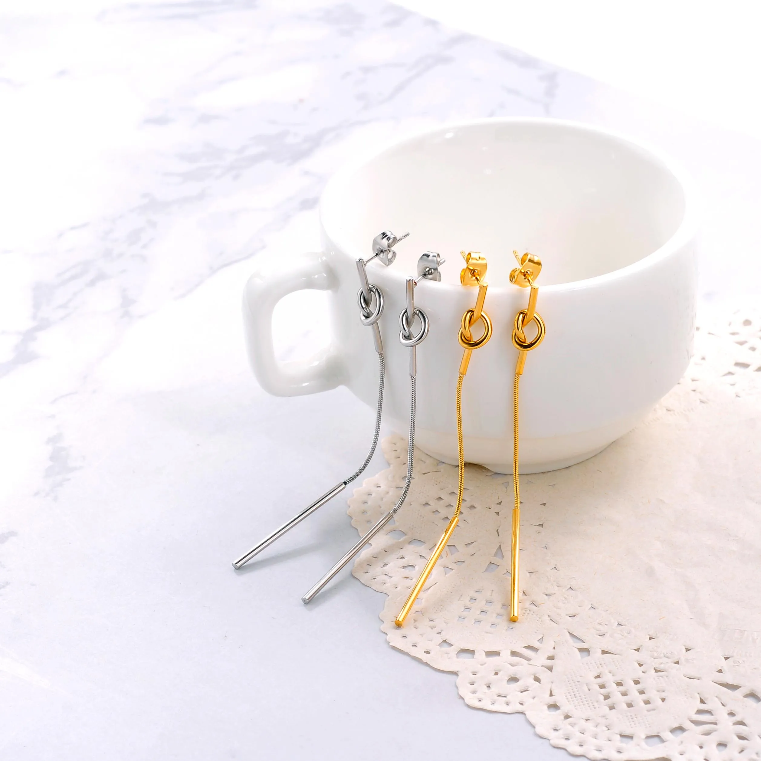 Wholesale High End Steel Earrings Waterproof Hypoallergenic 18k Gold Plated Tassel Women Earring Set Channel Jewelry