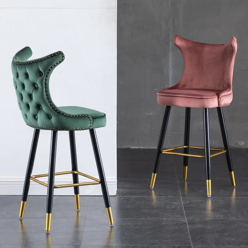 Velvet Golden Metal Legs Bar Stool High Bar Red Counter Stool Chair