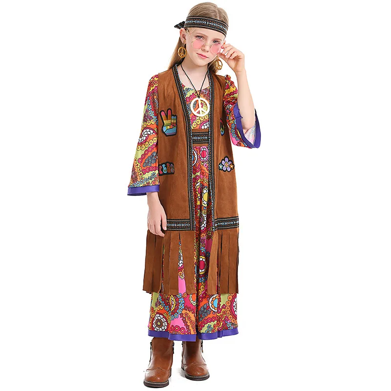 Children Girls Retro 70s Hippie Disco Singer Dancer Primitive Tribe Floral Dress Vest Set Halloween Cosplay Costumes Outfit