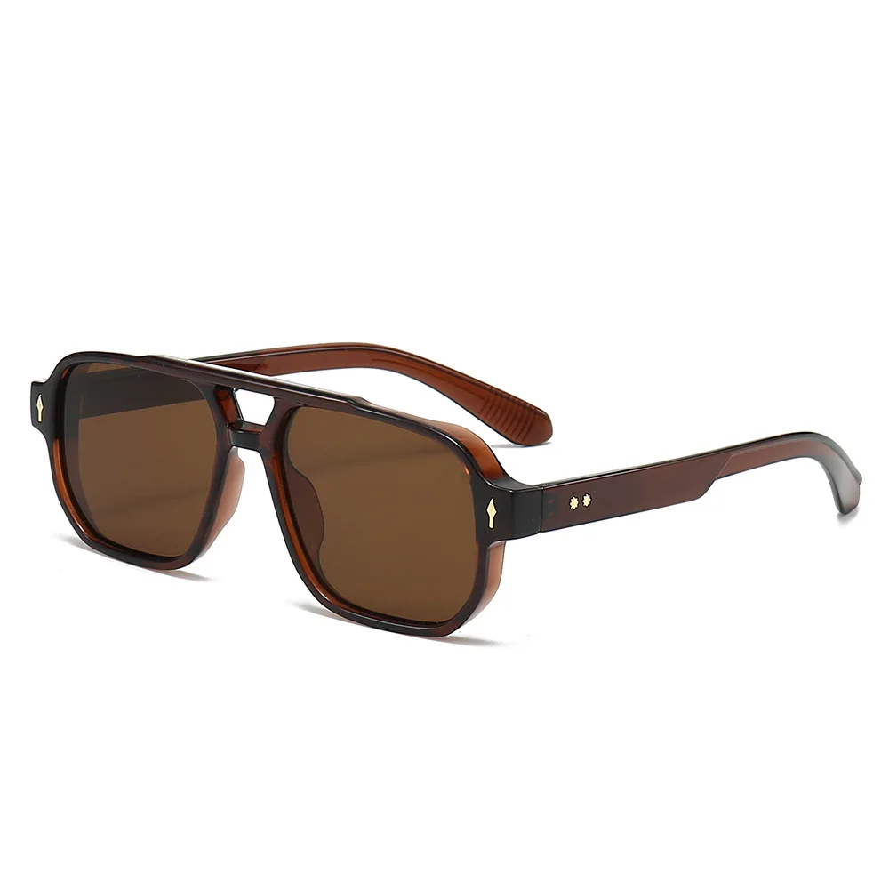 2402 2024 New Flat Top Square Pilot Sun Glasses Double Bridge Fashion Men PC Frame Brown Shades Sunglasses