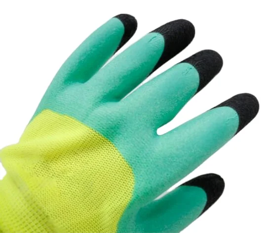 cheap green latex foam construction work gloves with black  latex crinkled double coated on fingers