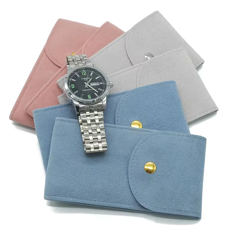 Wholesale High Quality Green Custom Travel Design Logo Flap with Button Suede Velvet for Accessories Watch Bag Pouch