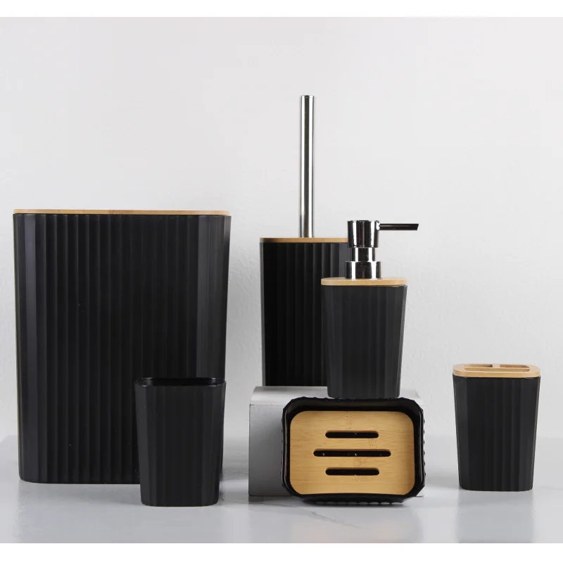 Hot Sales Bulk Nordic Black Matt Stripe Plastic Bathroom Accessories Sets Home Decor with Bamboo Wooden