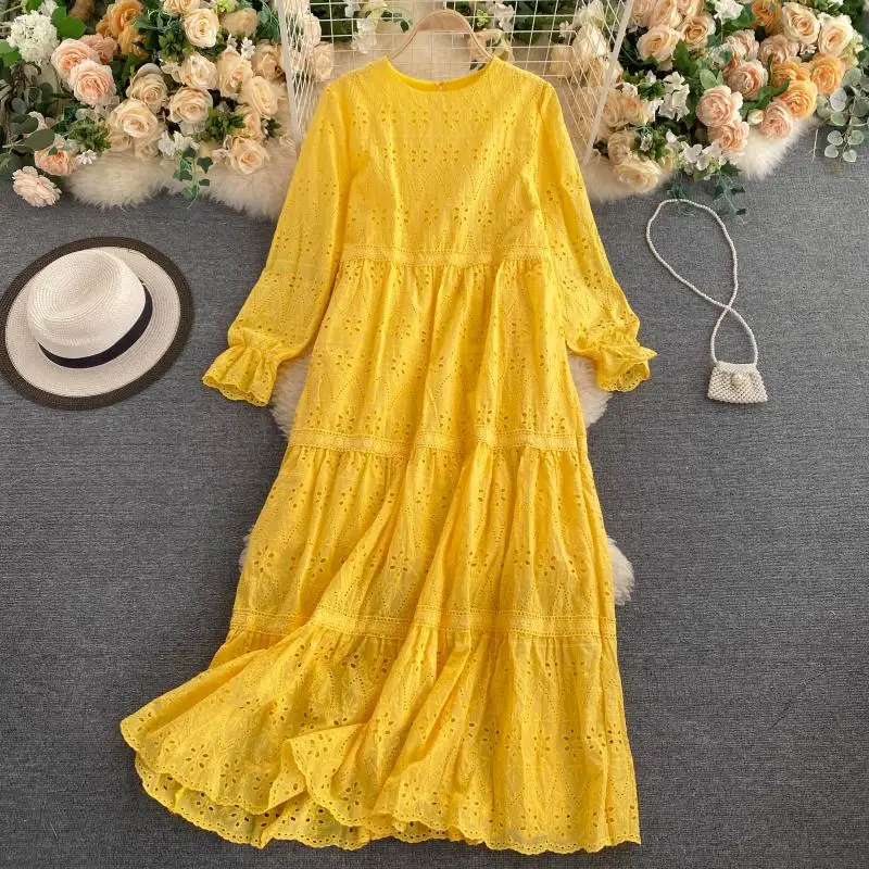 Custom autumn clothes female Korean simple solid color round neck hollowed out long-sleeved dress one pcs lace dress