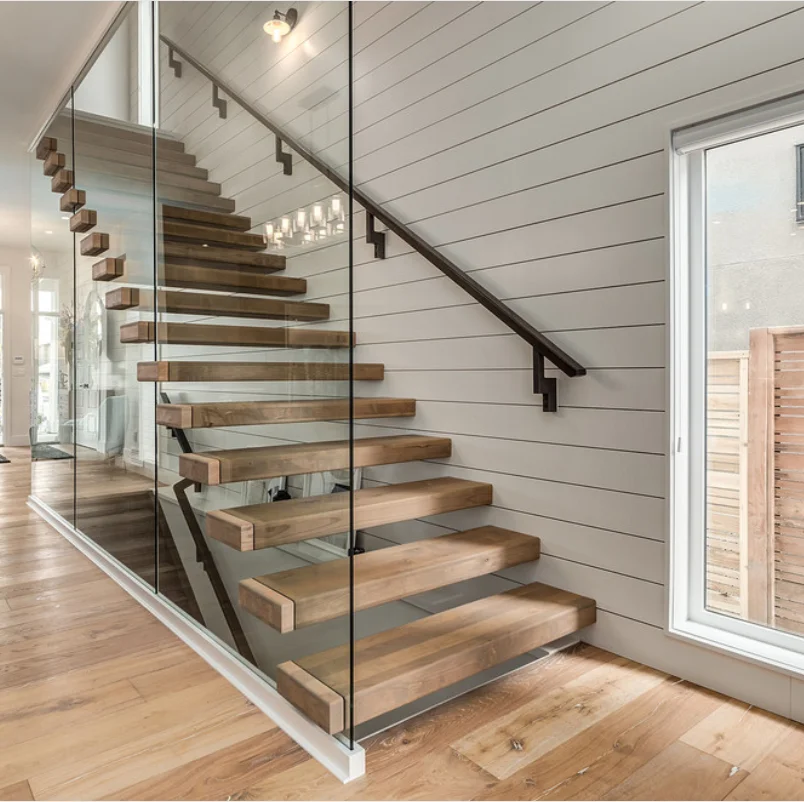 Customized Wooden Staircase Floating Straight Stairs Interior Staircase Designs