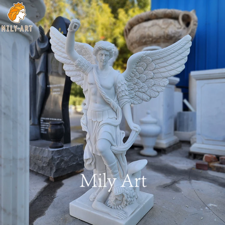 Hot Sale Outdoor Religious Saint Michael Statue White Marble Male Angel Sculpture