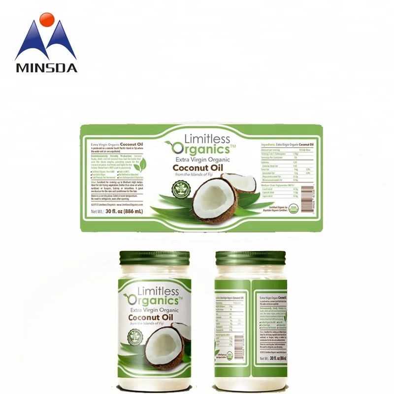 Minsda custom printing  coconut oil bottle packaging label sticker with logo self adhesive label