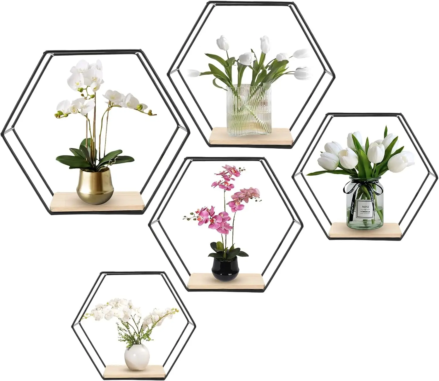 Wall Mounted Hexagonal Floating Shelves Black Set of 5 in Different Sizes Metal Wall Shelf Simple Wood Partition Storage Shelves